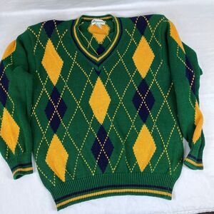 Vintage 90s Sportables Argyle Sweater Green Gold Navy Shoulder Pads Size L